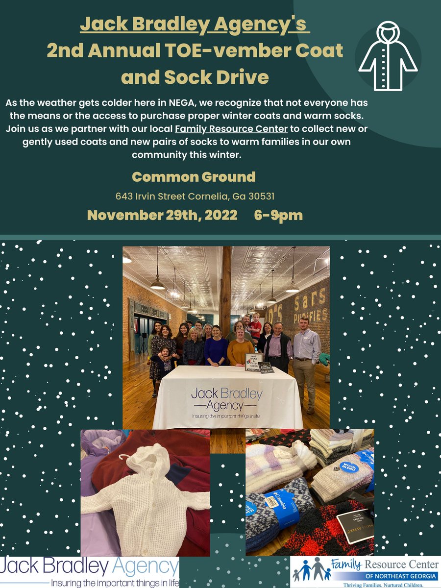 THANK YOU, Jack Bradley Agency, for continuing to partner with our agency this year to provide coats and socks to local families! Please share this information and gather donations for this incredible, community-driven event!