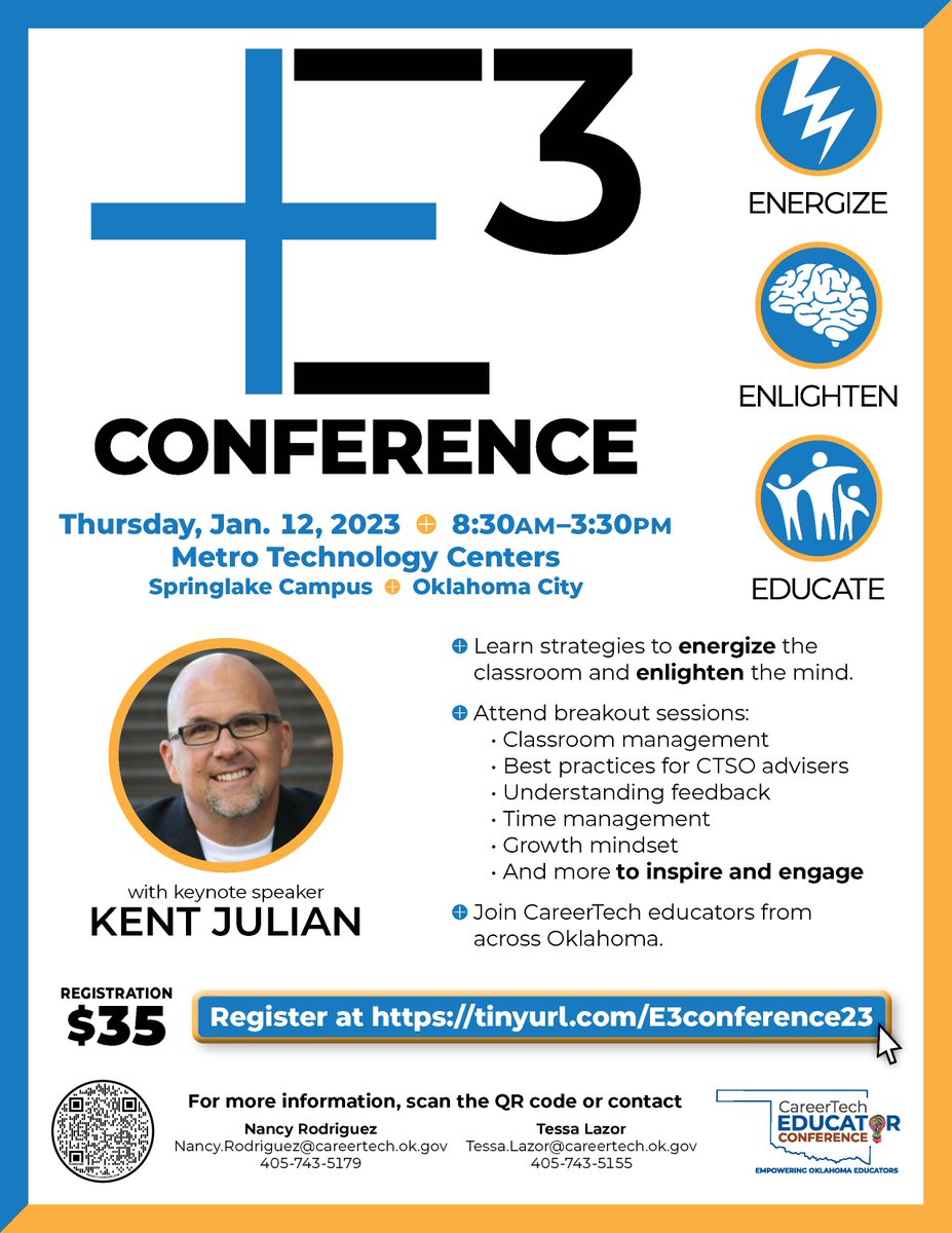 okcareertech's tweet photo. Join #OKCareerTech educators from across the state for the 2023 Educator Conference. On Jan. 12, educators will come together to learn strategies to energize the classroom and enlighten the mind. Registration is now open at https://t.co/92PtrhOL13 https://t.co/RPhhAqdOzO