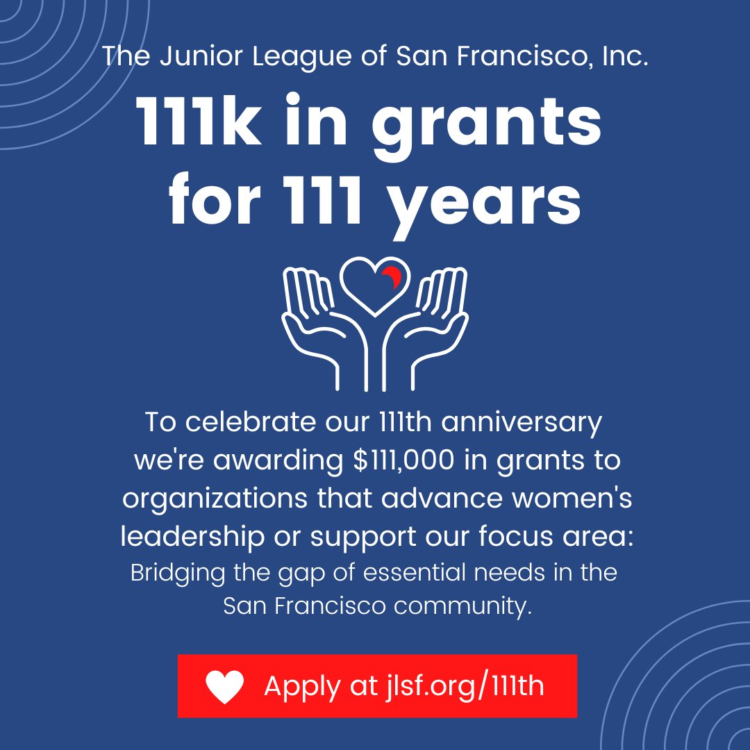 JuniorLeagueSF's tweet photo. To celebrate our 111th, we're awarding $111,000 in grants to organizations that are advancing women's leadership or support our focus area!

Please share with your favorite community organizations in San Francisco and encourage them to apply.

Apply at https://t.co/QqIj91vfvr https://t.co/QrS1x9EE8l