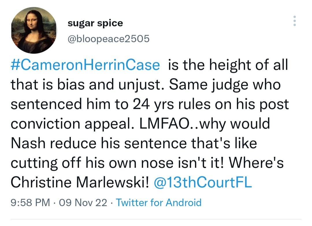TO BEGIN, JUDGE NASH DIDN'T HAVE TO TAKE CAMERON'S CASE. THAT'S STUPID IF HE WAS THE ONE WHO SENTENCED HIM TO 24 YEARS. HE ALREADY HAD AN ASSIGNED JUDGE AND IT IS JUDGE MARLEWSKI. THIS PROVES THE CORRUPTION OF THE US. HIS IS A SHAME AND DISGUSTING. <a href="/GovRonDeSantis/">Ron DeSantis</a>  <a href="/13thCourtFL/">13th Circuit Court</a>