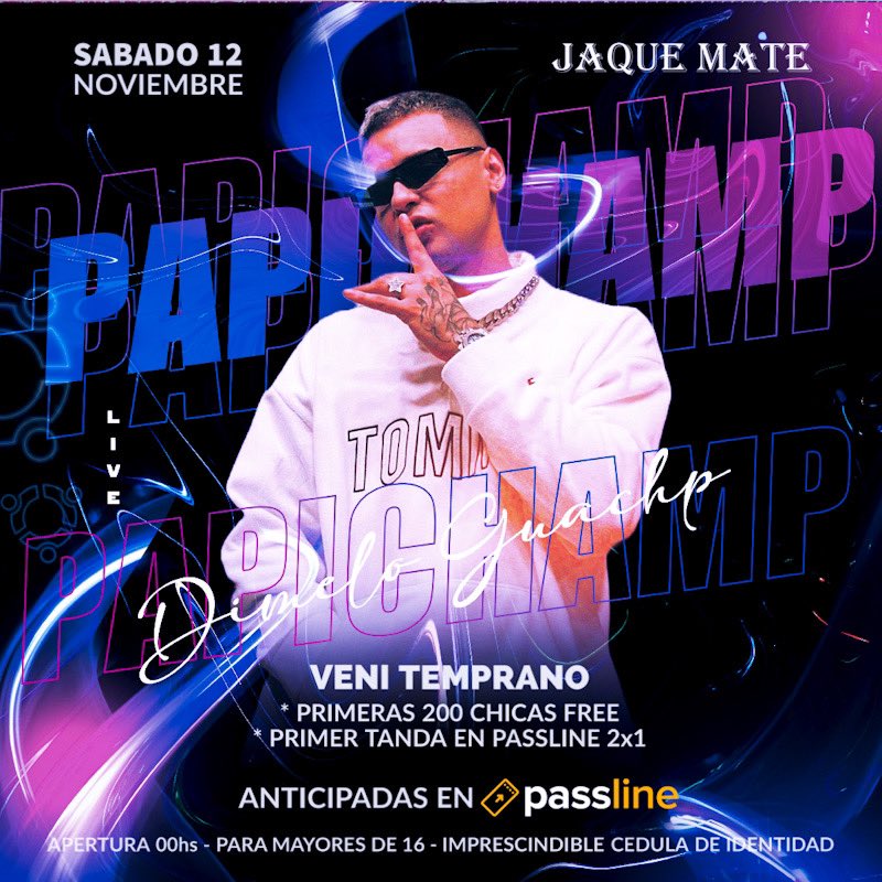 JaqueMateDisco's tweet photo. Retweet y participas en el sorteo de entradas para este sábado 12 en #JaqueMate con #Papichamp Anticipadas https://t.co/V9U2JgTuBb https://t.co/RDrrlh4FkZ