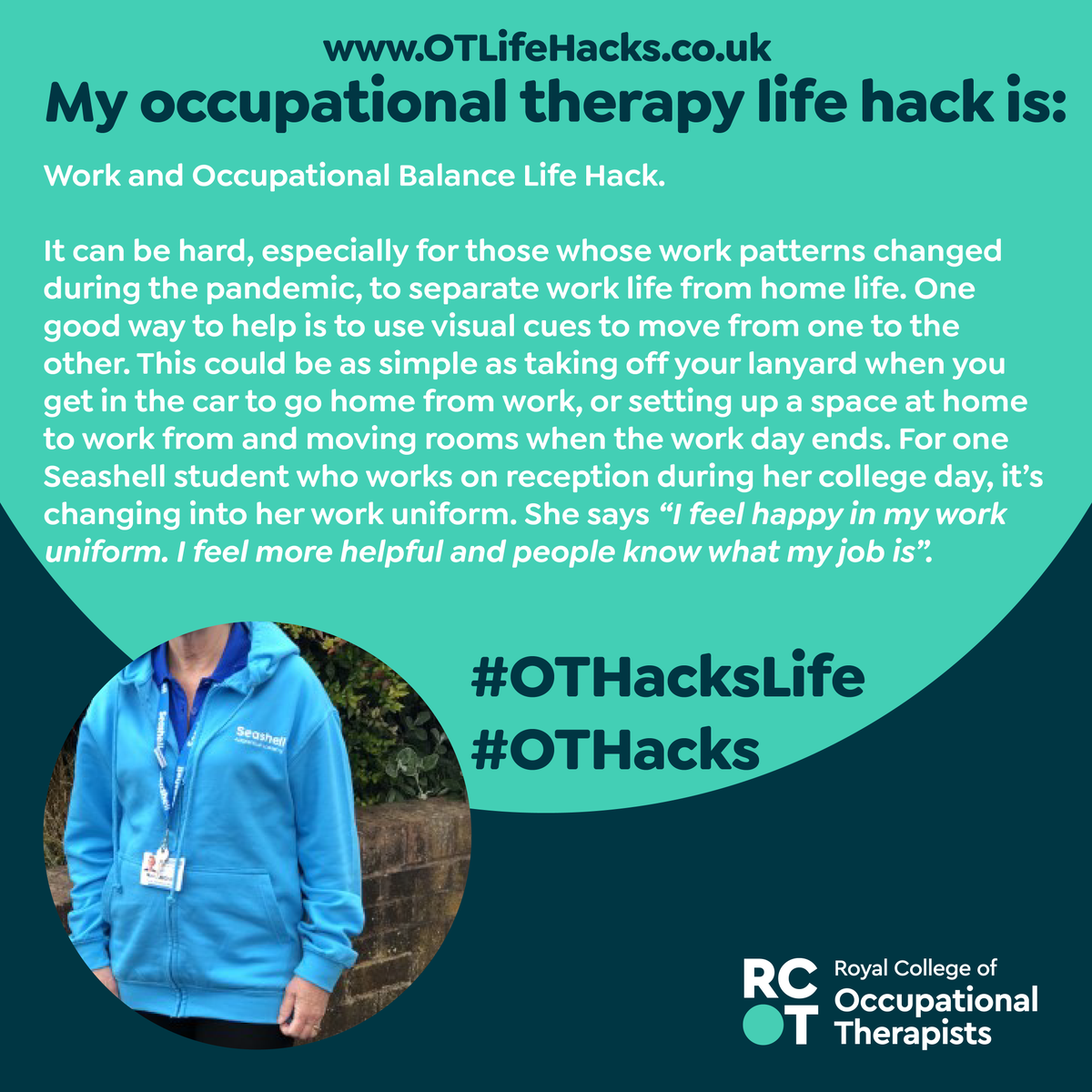 seashelltrust's tweet photo. Thursday’s OT Hack! 🤩

Lucy, Occupational Therapist at Seashell has provided a hack that will help you keep a balanced work and home life. 

#OTHacks #OTHacksLife #OTWeek22

https://t.co/IkE4ByxiFs https://t.co/O7jNo3fz0T