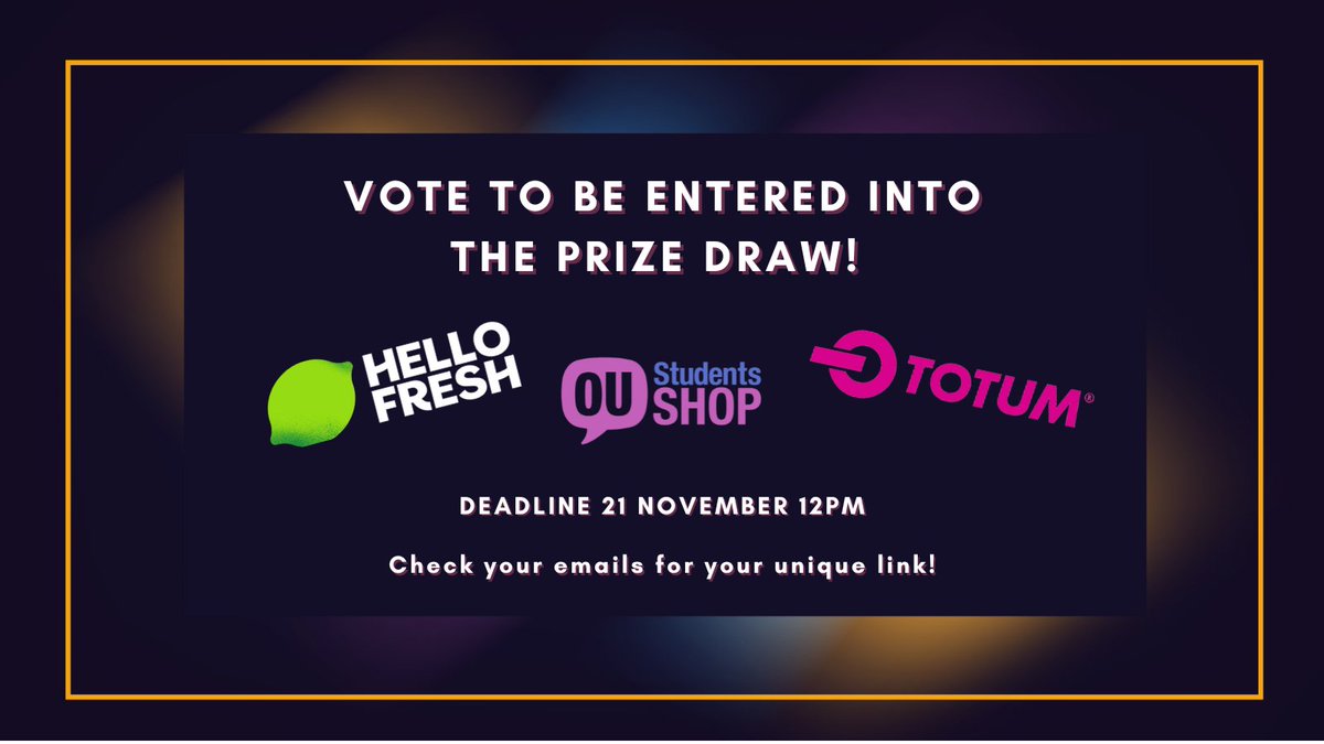 Voting in the by-elections just got better! Cast your vote in the #voteOUstudents by-elections to be entered into our prize draw. 🤩🎉

Win prizes from Hello Fresh, TOTUM and OU Students Shop. Your voting code has been sent to your registered email address, so don't miss out!
