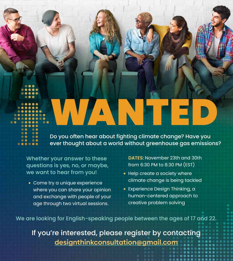 We are looking for Canadian English-speaking youth participants between ages 17-22 to take part in a #netzero design thinking opportunity. Interested? Register here: designthinkingconsultation@gmail.com nzab2050.ca/net-zero-desig….”