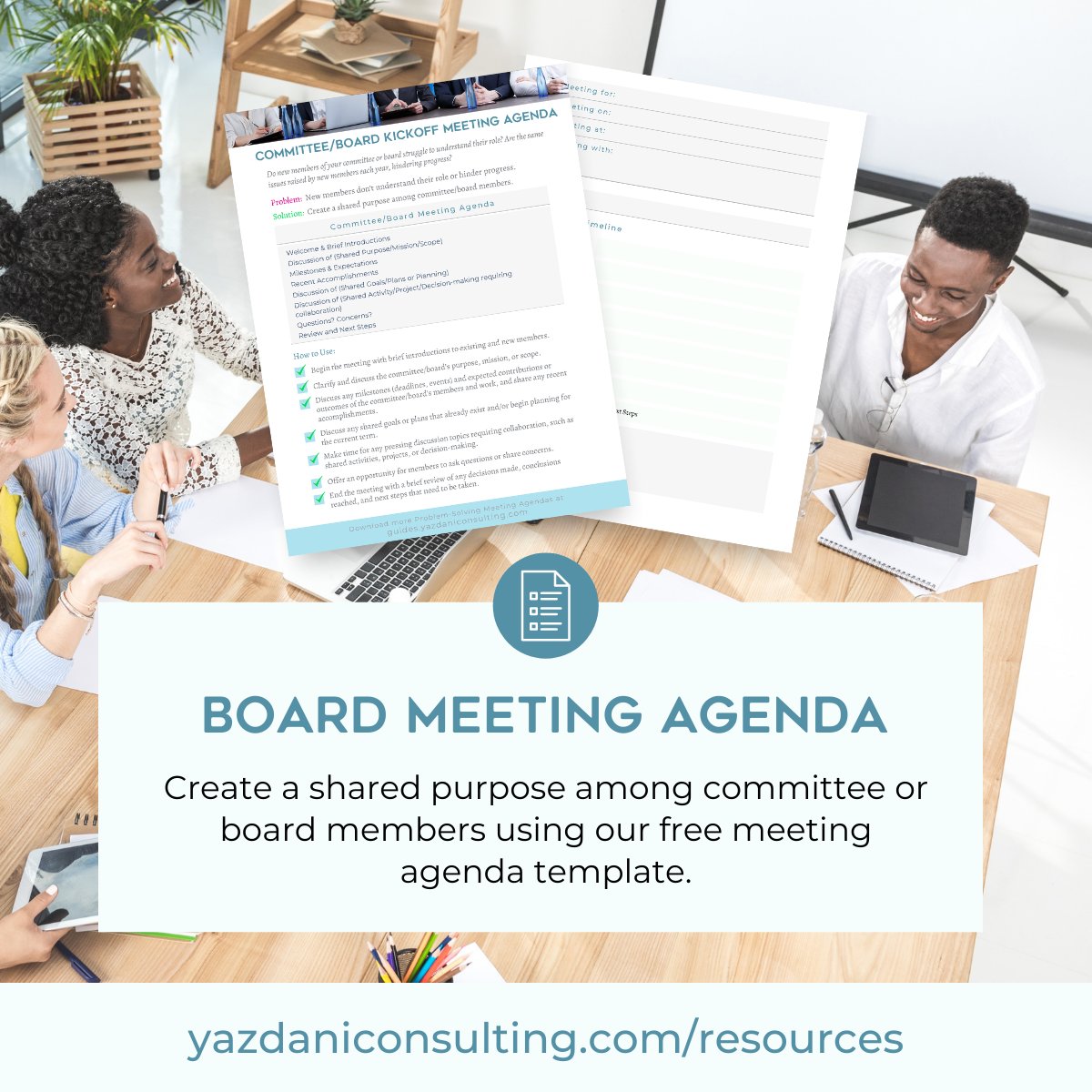YazdaniCF's tweet image. Try creating a shared purpose among committee or board members using our Committee/Board Kickoff Meeting Agenda: yazdaniconsulting.com/resources/boar…

#boards #meetings #agendas