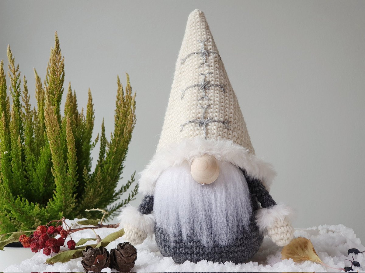 #Christmas #giftideas #christmasdecor 
Excited to share the latest addition to my #etsy shop: Elegant scandinavian Gnome with white hat and silver thread decoration for Christmas, Crocheted Gonk, Tomte, Nisse, winter house decoration, etsy.me/3G2cHpB