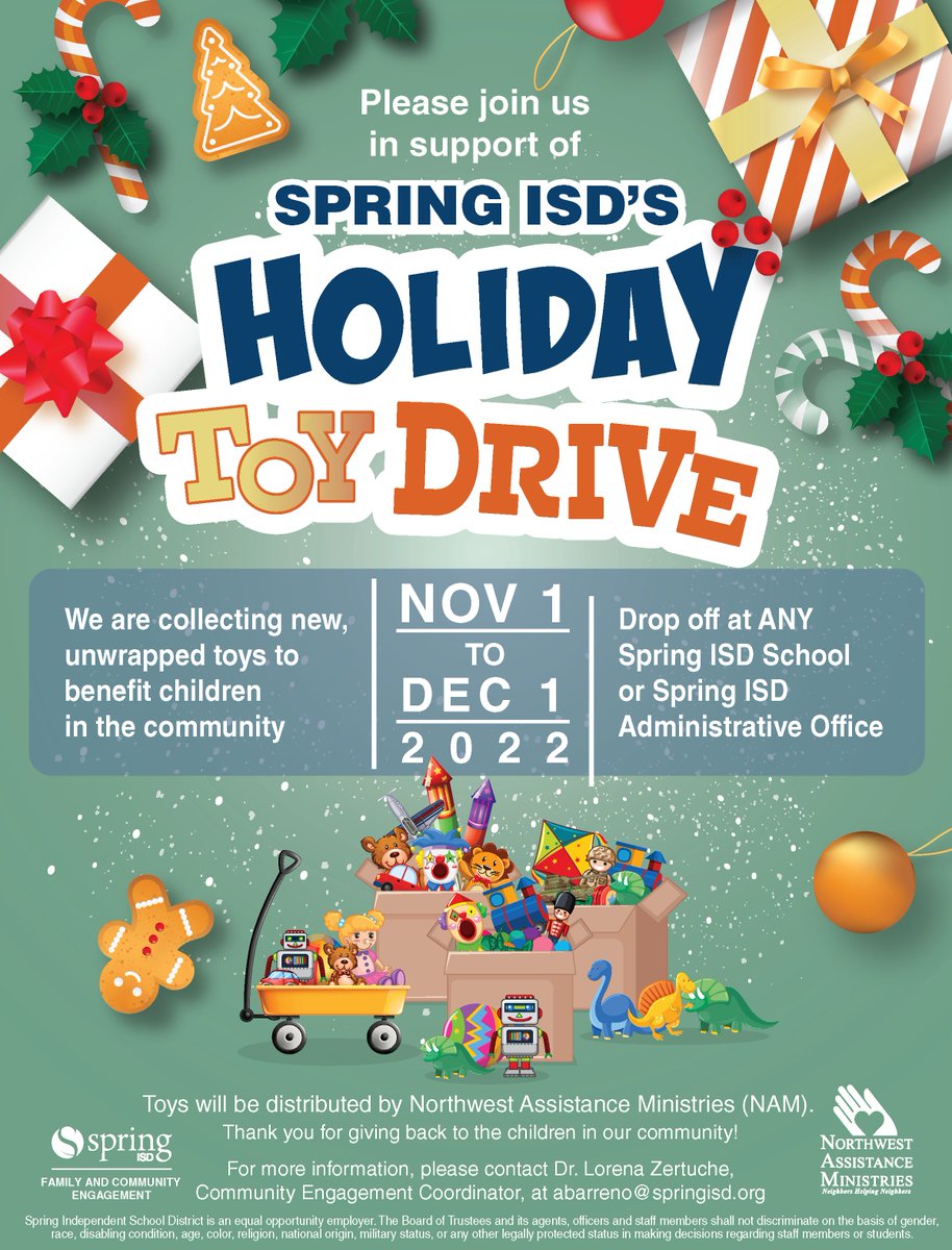 SpringISD's tweet image. REMINDER: Two more weeks of our annual Holiday Toy Drive, benefiting Northwest Assistance Ministries. Bring your new, unwrapped toys to any Spring ISD campus or facility through Dec. 1.