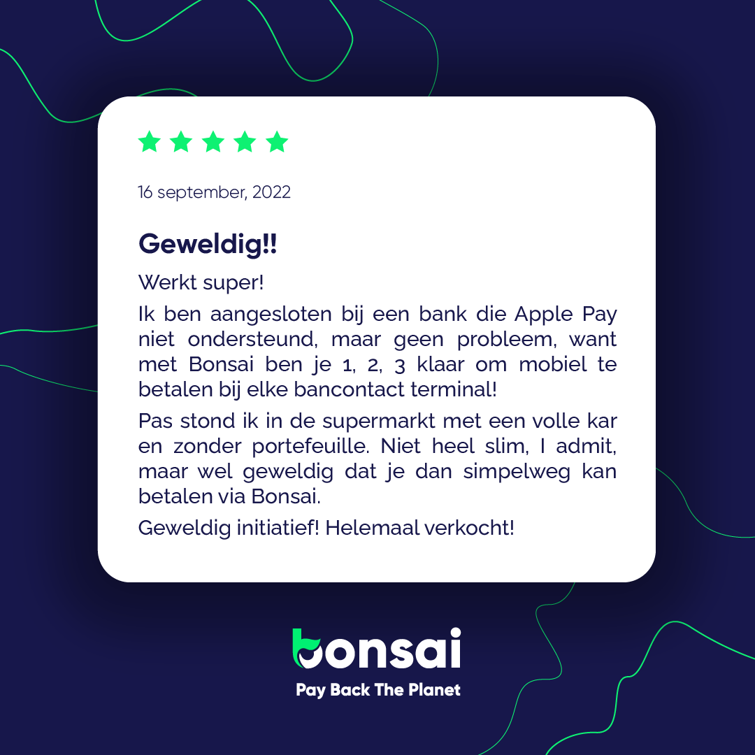 Je kent het wel: je loopt met een volle kar naar de kassa en eenmaal aan de betaalterminal besef je... 'Ik ben mijn portefeuille vergeten!' 
Herkenbaar?
Maar thank god voor onze bonsai-Mastercard > smartphone ontgrendelen &amp; tegen betaalterminal houden, je betaling is geplant/d!