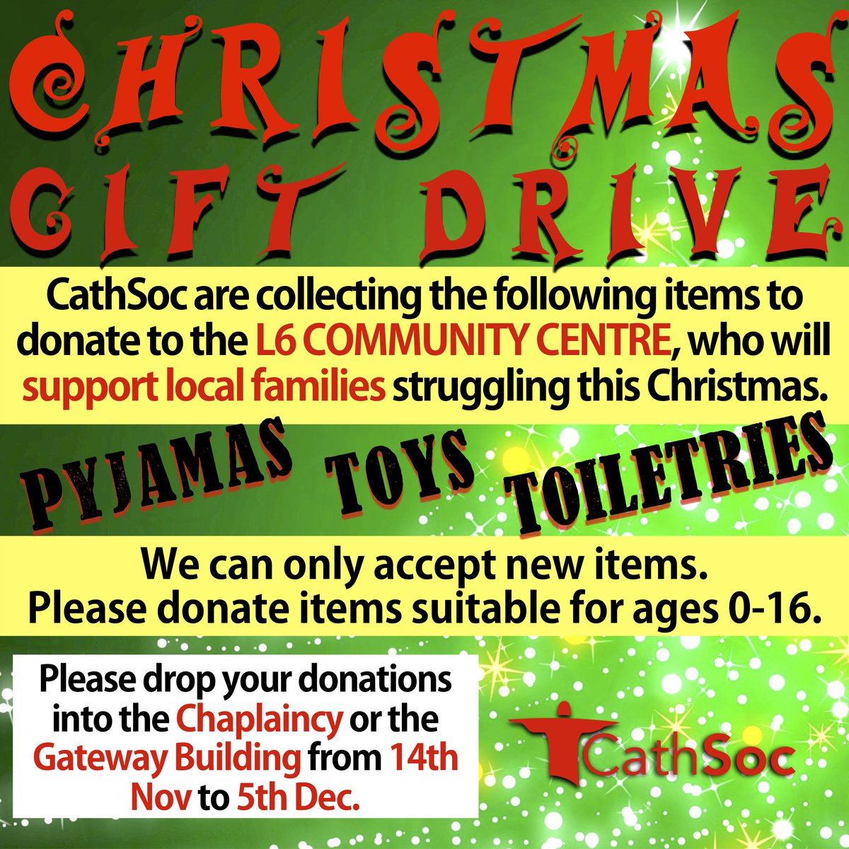 Today we launch our Christmas Gift Drive! Please drop donations of toys, pyjamas and toiletries suitable for ages 0-16 into the Chaplaincy or Gateway Building. They will be distributed by the L6 Community Centre. <a href="/LiverpoolHopeSU/">Liverpool Hope SU</a> <a href="/LiverpoolHopeUK/">Liverpool Hope University</a> <a href="/lpoolcatholic/">Archdiocese of Liverpool</a> <a href="/HopeMediaComm/">Media & Communication @ Liverpool Hope University</a>