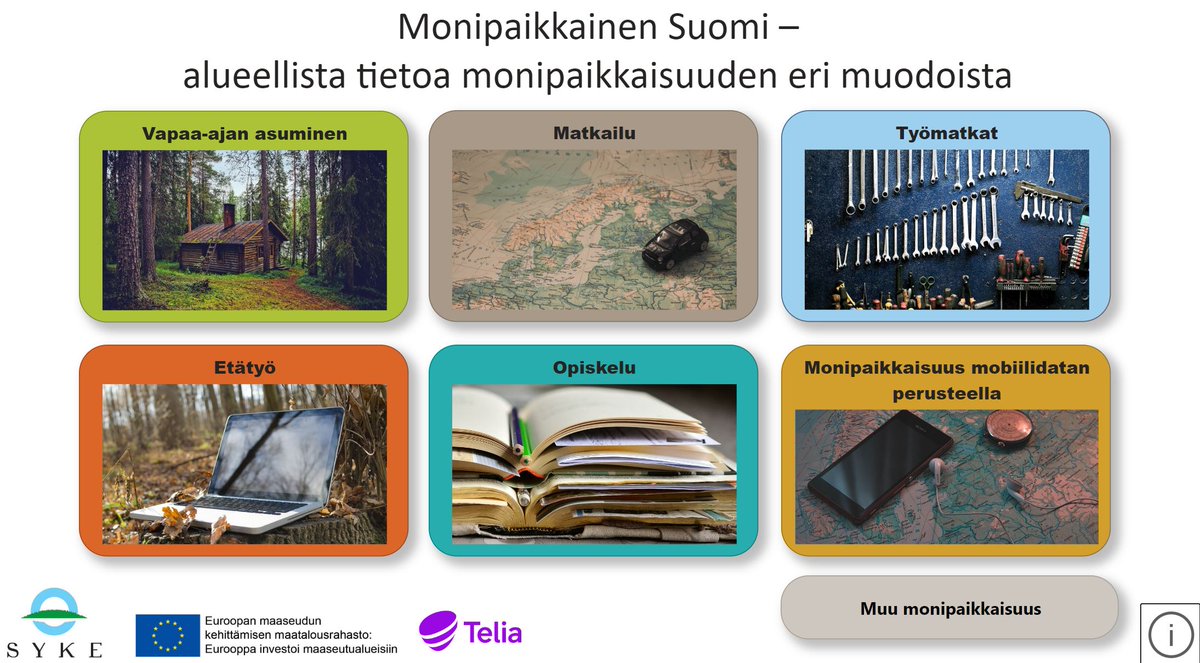 Miten paljon omassa kunnassa on #mökkejä suhteessa vakituisiin asuntoihin, entä miten paljon #etätyö muuttaa ajankäyttöä eri alueilla? Nämä ja paljon muuta #monipaikkaisuus-tietoa selviää <a href="/SYKEinfo/">Suomen ympäristökeskus</a> uudesta verkkotyökalusta. app.powerbi.com/view?r=eyJrIjo…