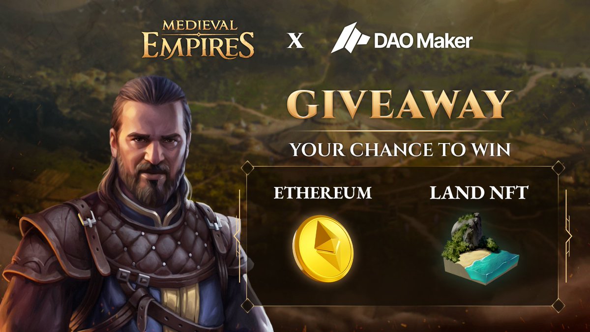 #MedievalEmpires X @thedaomaker - GIVEAWAY ALERT! 🎁🚀
The winners can get: 
🔷 1 #ETH
🏝️ Medieval Empires Land #NFT  
All you need to do is:
1️⃣ Follow the steps at: daomaker.com/company/mediev…
2️⃣ Like &amp; Retweet this tweet
#airdrop #crypto #giveaway