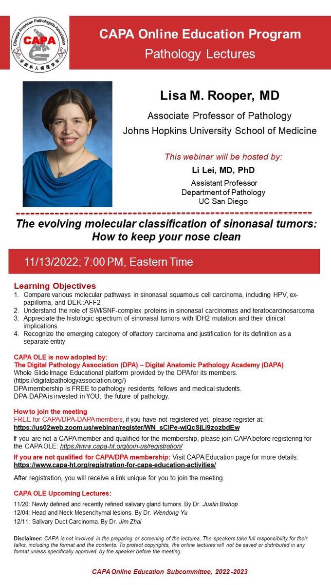 Chinese American Pathologists Association (@capa_comm) on Twitter photo #PathTwitter friends: Tune in to our CAPA Pathology Lecture Series this Sunday (11/13) at 7PM ET, featuring Dr. <a href="/LisaRooperMD/">Lisa Rooper</a> from <a href="/JHUPath/">Johns Hopkins Pathology</a> . Her talk will be focused on the evolving molecular classification of sinonasal tumors #ENTpath. Host <a href="/LiLeiMDPhD/">Li Lei</a> . More info on below. #PathTwitter friends: Tune in to our CAPA Pathology Lecture Series this Sunday (11/13) at 7PM ET, featuring Dr. <a href="/LisaRooperMD/">Lisa Rooper</a> from <a href="/JHUPath/">Johns Hopkins Pathology</a> . Her talk will be focused on the evolving molecular classification of sinonasal tumors #ENTpath. Host <a href="/LiLeiMDPhD/">Li Lei</a> . More info on below.