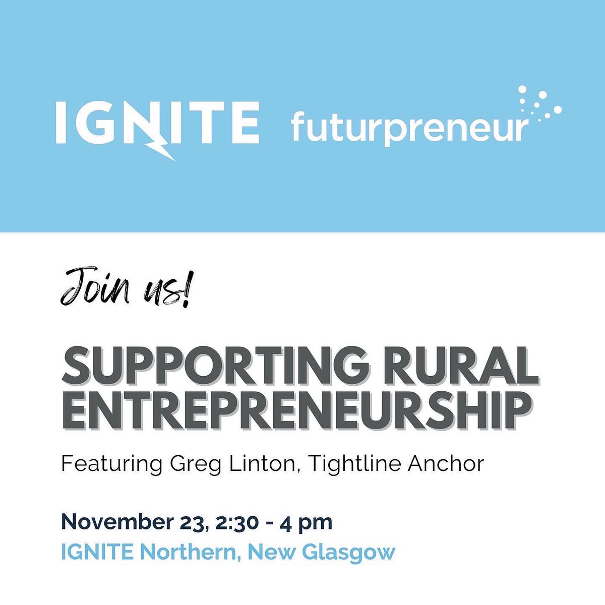 IGNITE Atlantic (@igniteatlantic) on Twitter photo We’re thrilled to partner with <a href="/Futurpreneur/">Futurpreneur</a> to highlight successful rural entrepreneurs like Antigonish based, Tightline Anchor! Join us at <a href="/IGNITEAtlantic/">IGNITE Atlantic</a> New Glasgow on Nov. 23 to learn about the many resources that helped their rural business! ⚓️⚡️
lnkd.in/e94qHKMz We’re thrilled to partner with <a href="/Futurpreneur/">Futurpreneur</a> to highlight successful rural entrepreneurs like Antigonish based, Tightline Anchor! Join us at <a href="/IGNITEAtlantic/">IGNITE Atlantic</a> New Glasgow on Nov. 23 to learn about the many resources that helped their rural business! ⚓️⚡️
lnkd.in/e94qHKMz