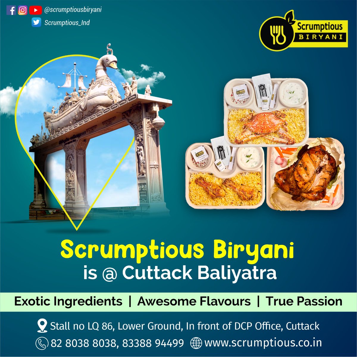 scrumptious_ind's tweet photo. Make your #Baliyatra visit memorable with the incredible taste of #ScrumptiousBiryani...

⦿ Stall no LQ, Lower Ground, In front of DCP Office, Cuttack

✆ 𝟴𝟮 𝟴𝟬𝟯𝟴 𝟴𝟬𝟯𝟴 / 𝟴𝟯𝟯𝟴𝟴 𝟵𝟰𝟰𝟵𝟵 
🌐 https://t.co/TPlvRCa072 
.
#Baliyatra2022 #Cuttack #Odisha #food #Biryani https://t.co/7GQNOOKhUb