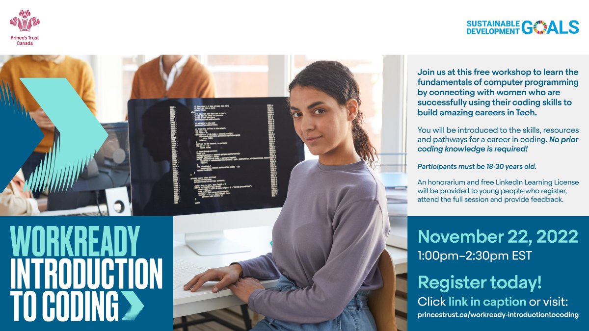 KingsTrustCA's tweet image. 📌Curious about coding and don’t know where to start? Join this free, 90-minute #IntrotoCoding workshop happening on November 22!
Register at 👉princestrust.ca/workready-intr…
#PrincesTrustCanada #Womenintech #Womencode #learntocode #womenwhocode