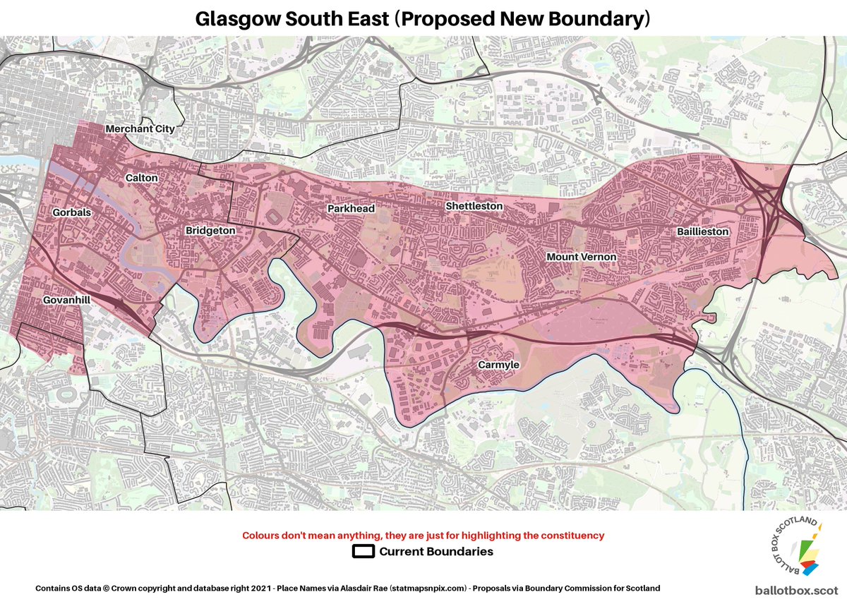 BallotBoxScot's tweet photo. 🟡Glasgow South East: Baillieston and Shettleston from current Glasgow East, plus Calton, Merchant City and Govanhill.

Only NE would have been 2019-marginal, but looking to next election, but this seems next best shot at a Glasgow seat for Labour, albeit weaker than current. https://t.co/fP6Sx1pRjc