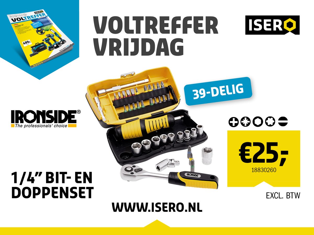 Voltreffer Vrijdag!

39-delige bit-en doppenset van Ironside, met 1/4" aansluiting 👌

Meer info of direct bestellen:
➡️ bit.ly/3Elqu9C ⬅️