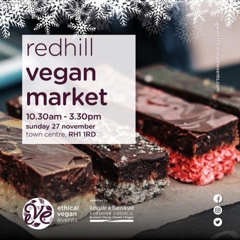 RBBCbusiness's tweet photo. We are excited to announce that @eve_vegan will be returning with their award-winning #Redhill Vegan Market on 27 November (10.30am - 3.30pm)! With delicious food and drinks and the perfect ethical gifts, why not treat yourself and stock up on some Christmas gifts too. 🎁☕ 🛍️ 🧁 https://t.co/BGIWH3DAR7