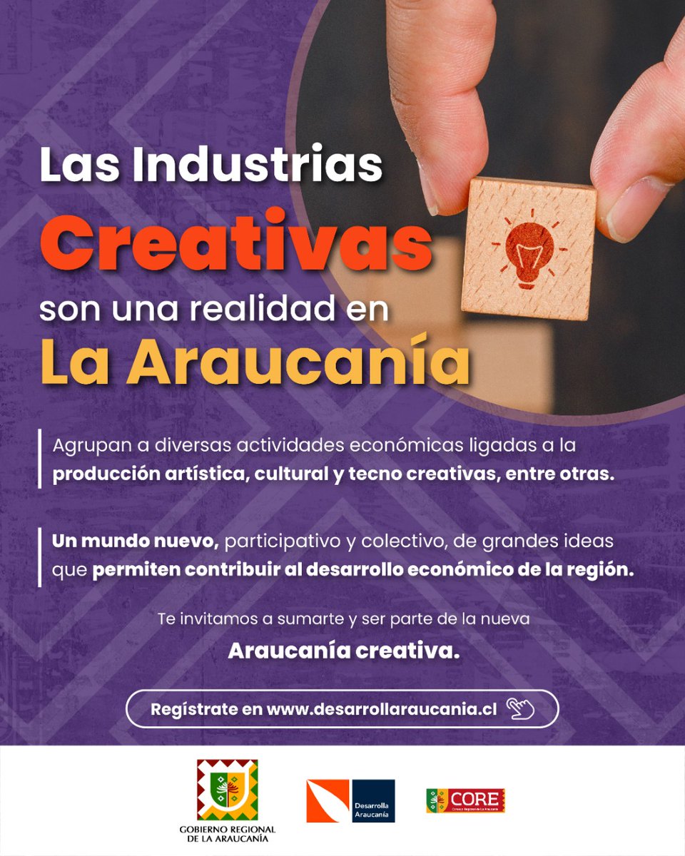 ▶️ Súmate y forma parte de la nueva Araucanía Creativa 🤝🏻
📌Si eres emprendedor y tienes iniciativas relacionadas con producción artística, cultural y tecno creativas, te invitamos a inscribir tu industria creativa, en desarrollaraucania.cl 📲