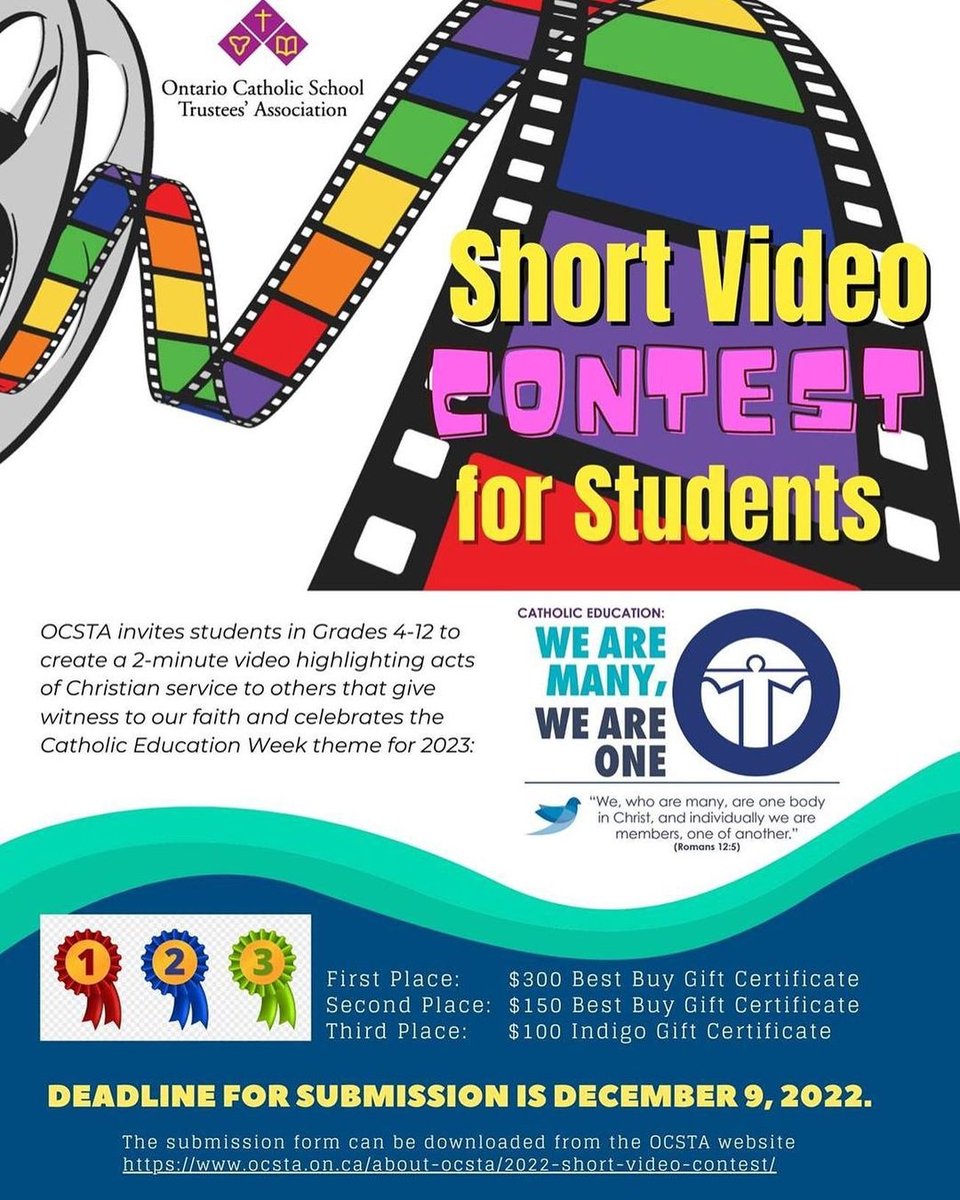 Calling all creative minds! Students in Grades 4-12 at Sudbury Catholic Schools are encouraged to participate in an upcoming short video contest hosted by OCSTA! The deadline is Dec. 9th, 2022 - start filming today! 🎬️