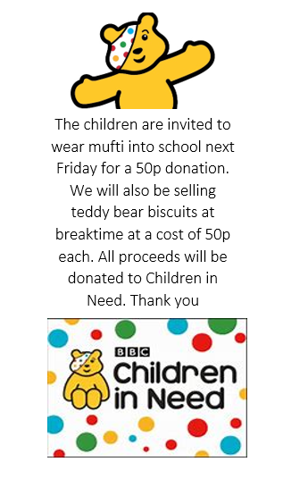 PSMPrimary's tweet photo. On Friday 18th November, the whole school will be helping raise money for Children in Need by inviting the children to wear mufti into school.

We will also be selling Pudsey biscuits 😀

@BBCCiN #ChildreninNeed #PSMPS https://t.co/npL57VcBnR