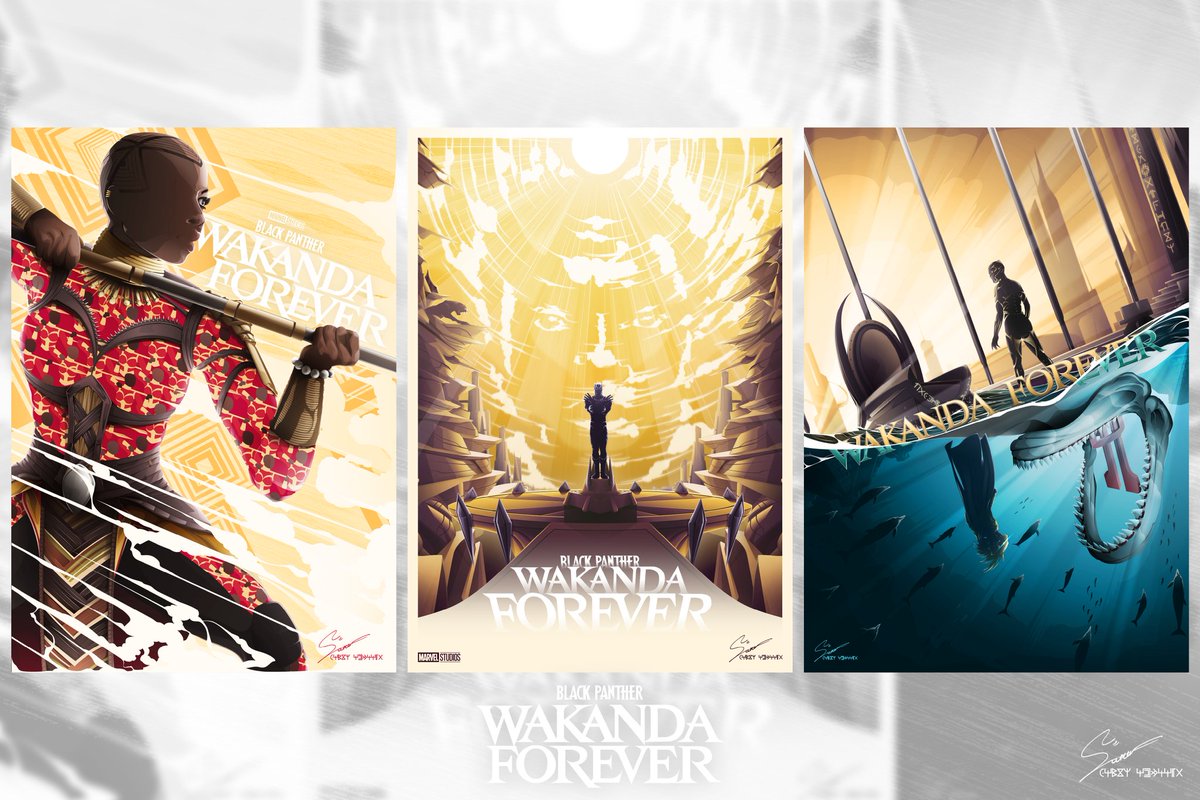 All the posters I created for #WakandaForever in one place. Thank you for all the love and support for this series 🫶🏻 Wakanda Forever is in theatres TONIGHT! 🤩 Enjoy the movie and remember to keep it spoiler free 💜🙅🏻 #Okoye #BlackPanther #namor