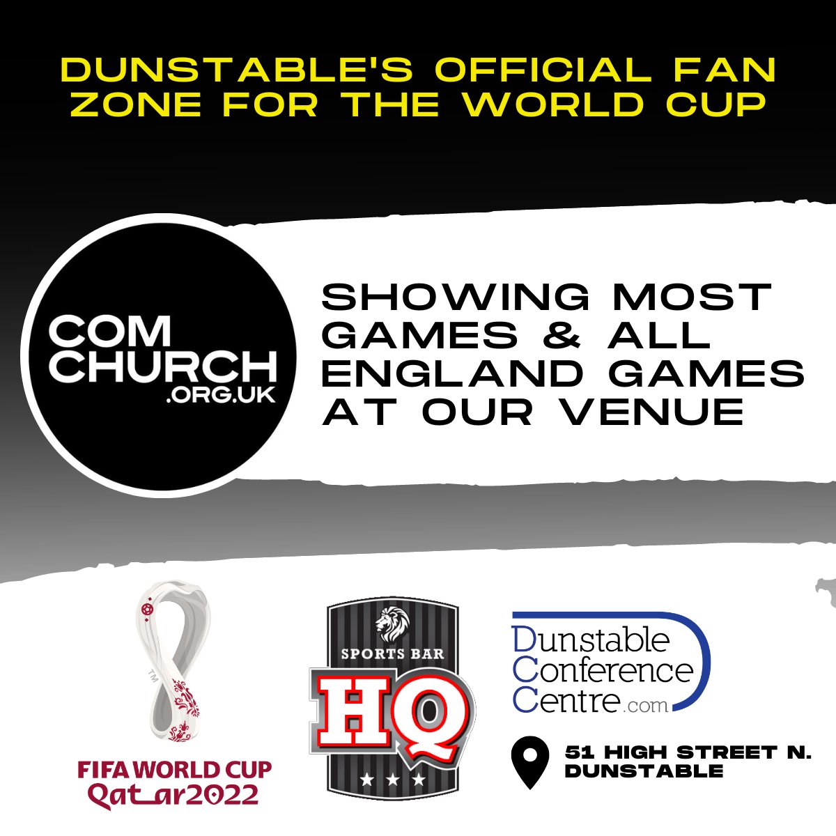 Here at COM Church, we'll be showing most of the World Cup fixtures on our big screen 🤩

 🎉 FREE entry*
 📽️ Biggest Screen In Town
 ☕ All Nations Café

*Paid tickets required for all England fixtures only.

Purchase your tickets from <a href="/HQSportsBar1/">HQ Sports Bar</a> 👉 bit.ly/3NRqpxu