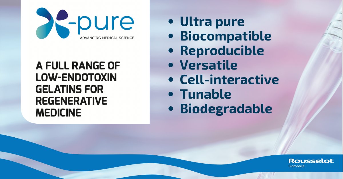 rousselotbio's tweet photo. Searching for the optimal biomaterial for #RegenerativeMedicine  #3Dbioprinting, #WoundHealing, advanced #DrugDelivery &amp; more? X-Pure® gelatins &amp; collagens are safe, reliable &amp; biocompatible, making them ideal for in vivo use:
https://t.co/awFn5pSLni https://t.co/z1jVtEdQon