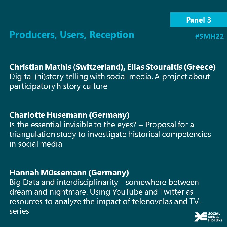 socmedhistory's tweet photo. From lunch break to Panel 3: "Producers, Users, Reception" with @Sachunterricht &amp; @stouraitis on participatory (hi)story telling with #socialmedia, @alphaeinhorn on studying historical competencies in social media &amp; @hannam801 on
#BigData, #YouTube, #Twitter &amp; TV-series. #SMH22 https://t.co/MOxoTHdScv