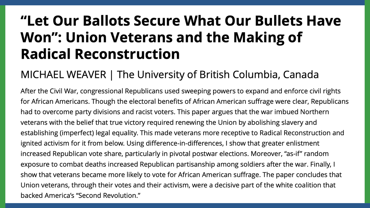 apsrjournal's tweet photo. In this article, @CanIMeasureThat concludes that Union veterans, through their votes and activism, were a decisive part of the white coalition backing Radical Reconstruction. 
#APSRNewIssue
#PoliSciRes

https://t.co/ML4jZml6pL https://t.co/iuy6IqELu5