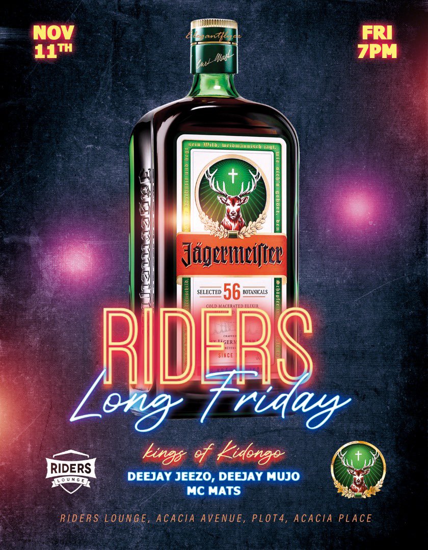 OysterbayDrinks's tweet photo. Guess what! 

We are at @RidersUganda tomorrow! 

Who is joining us for this #Jargemeister night? 

We can’t wait to see you 💃🤗

#Shots #Wines #Mohans #Weekend #Life #Happiness https://t.co/F1u41MGNo8