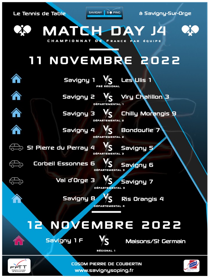 savignysoping's tweet photo. 🗓️ 🏓 Ce vendredi 11/11 et samedi 12/11, les équipes du Savigny So Ping joueront pour le compte de la 4ème journée du championnat de France par équipes.
https://t.co/YkUAmkNGH7
#SavignySoPing #SavignySurOrge #tennisdetable #ping #club #sport #cdtte91 #ffttidf #FFTT #programme https://t.co/g8aklLvVFX