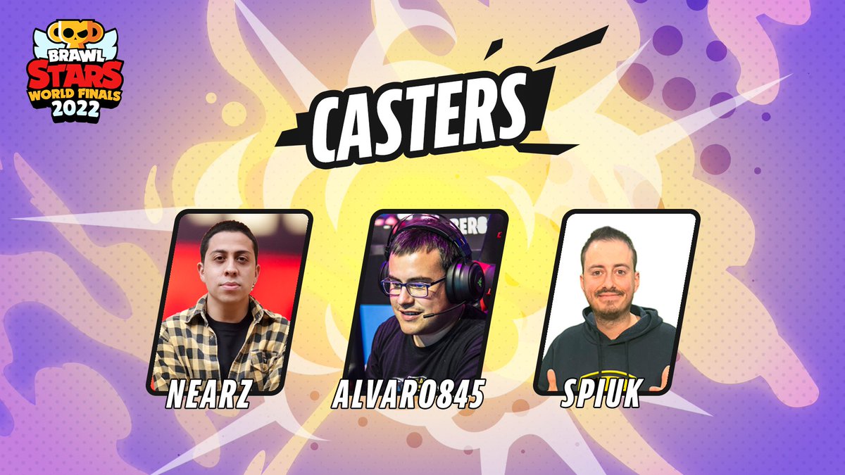 ¡Estos son los talentosos casters con los que contamos en las Finales Mundiales! 😍🥖
 
🎙️ <a href="/Alvaro845/">Alvaro845</a>
🎙️ <a href="/n_earz/">NeaRz</a>
🎙️ <a href="/SpiukYT/">SpiuK El Sabio</a>

#BSWF22