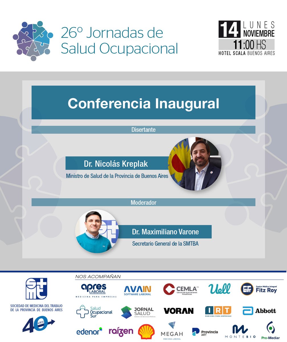 [NOVEDADES 26° JORNADAS DE SALUD OCUPACIONAL]

Este año y para inaugurar el cronograma de actividades, contaremos con la presencia del Dr. Nicolás Kreplak.

Te esperamos el próximo lunes. ¡No te lo pierdas!

Inscripciones: eventbrite.com.ar/e/26-jornadas-…

El equipo de la SMTBA