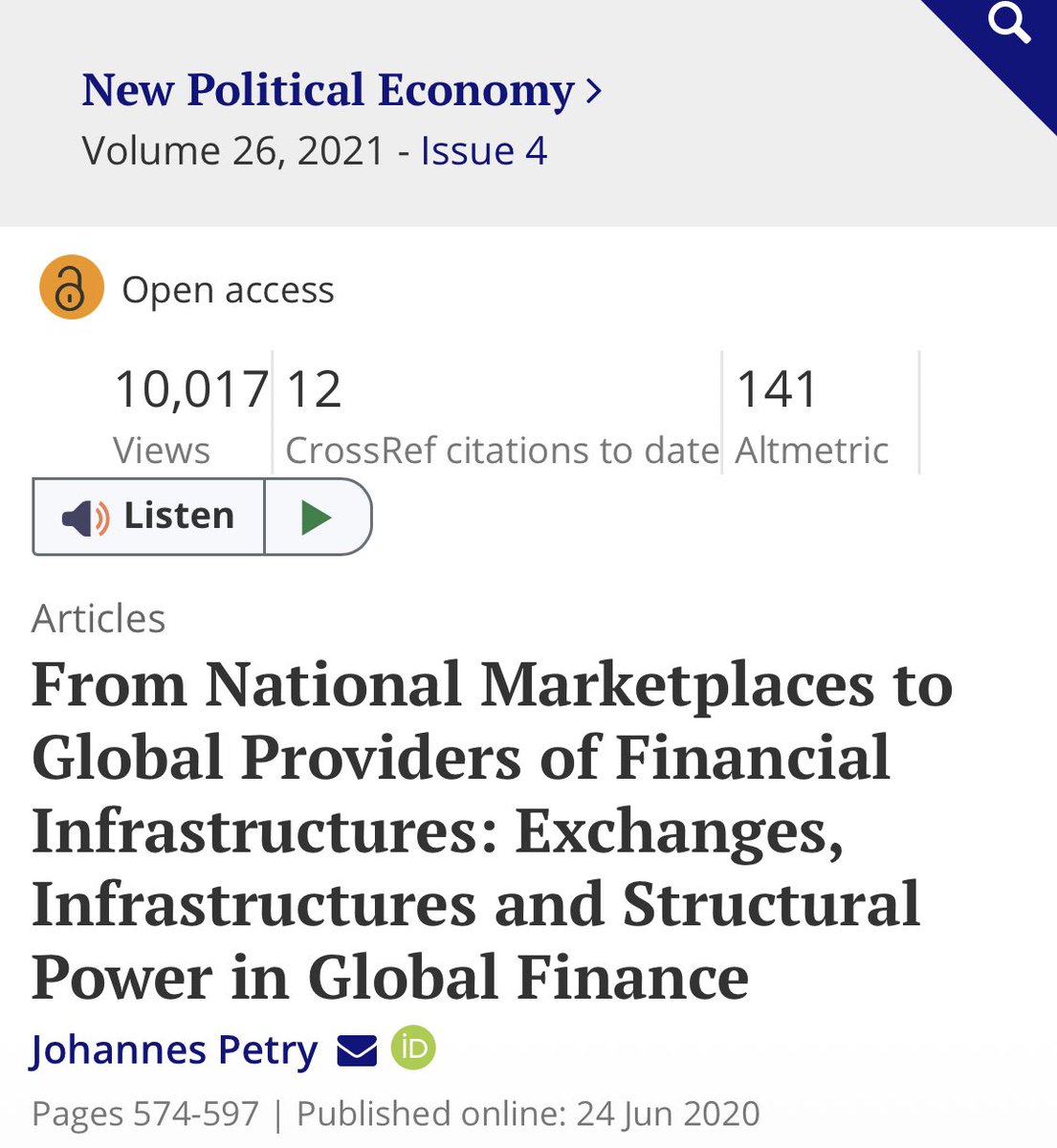 It seems as if people do care about exchanges after all 😊 My @NPEjournal article on their transformation into global infrastructure providers recently hit 10,000 views 🥳