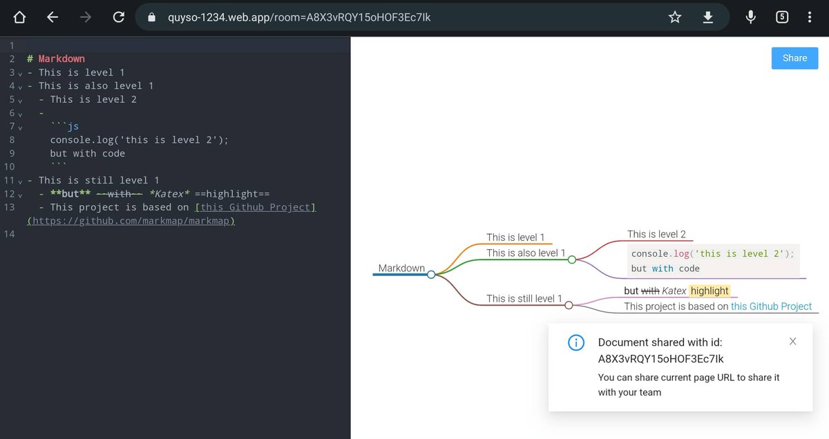 lwastuargo's tweet image. Weeks ago I found @alexxubyte tweet about making mindmap from markdown, and I immediately fell in love with it.

Then I found that the markdown reset on page refresh, and you can't collaborate (unlike Excalidraw)

So I spent a couple of days making one: quyso-1234.web.app