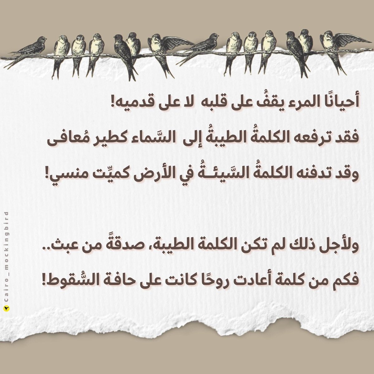 cai_mockingbird's tweet photo. أحيانًا المرء يقفُ على قلبه
 لا على قدميه! 
فقد ترفعه الكلمةُ ا��طيبةُ إلى السَّماء كطير مُعافى..
وقد تدفنه الكلمةُ السَّيئةُ في الأرض كميِّت منسي!

ولأ��ل ذلك لم تكن الكلمة الطيبة، صدقةً من عبث..
فكم من كلمة أعادت روحًا كانت على حافة السُّقوط!

@cai_mockingbird https://t.co/UVcFXJShkZ