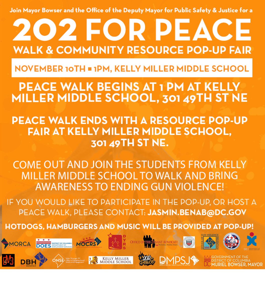 Join us for our last 202 for Peace walk today! 

📍 Kelly Miller Middle School 
📆 Today!
⏰ 1PM 

See you soon DC! 🔥