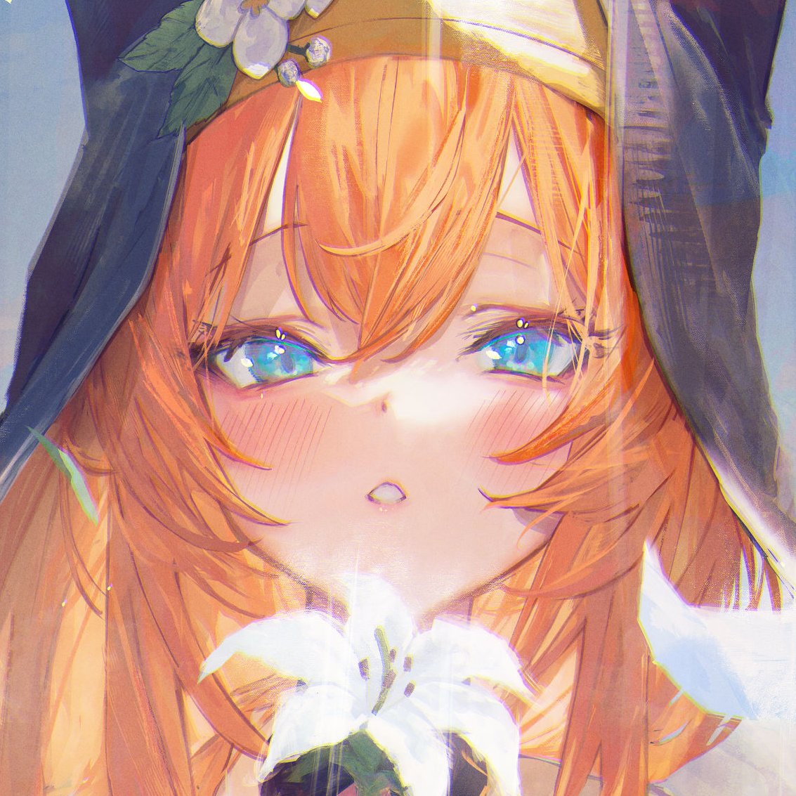 mari (blue archive) 1girl flower solo orange hair animal ear headwear blue eyes nun  illustration images