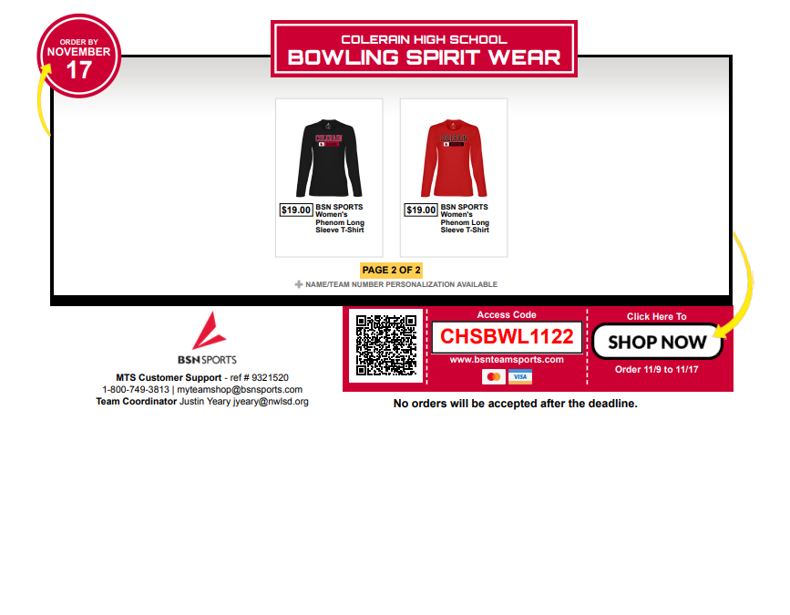 ColerainBowling's tweet photo. Spirit Wear is now open!
Find items picked out specifically for our team.
There is also spiritwear available for your family and friends.
Check out the shop details below.

OUR SHOP DETAILS
    - Shop Now: https://t.co/FEioMGxtjO
    - Store Open From: 11/9 - 11/17 https://t.co/oe2gzCouso