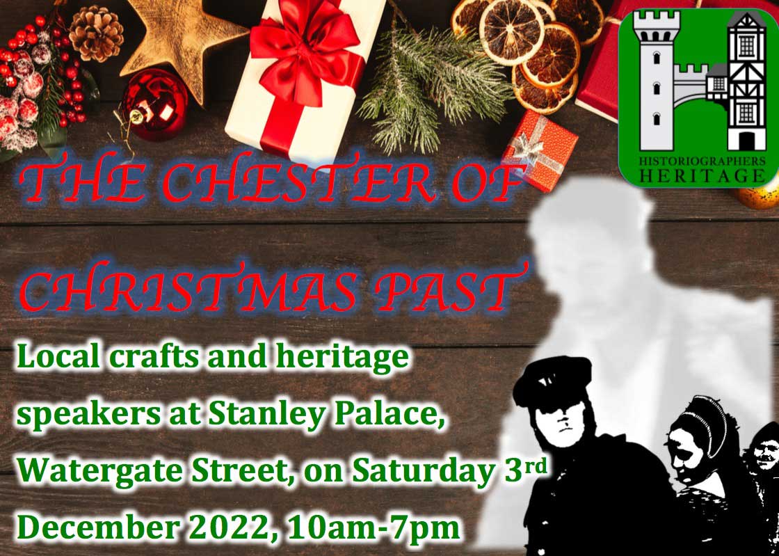The Chester of Christmas Past - 3 Dec - 10am - 7pm @ Stanley Palace.

The event will be a fundraiser for the Friends of Stanley Palace Trust with a craft fair, historic food &amp; heritage lectures. Tickets £2 (under 13s FREE)

Find out more here: historiographersheritage.com/event/the-ches…