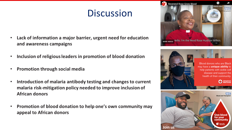 of African origin. Survey carried out with 387 responses. 60% of responses from African/Irish people. Barriers to donation include malaria deferral, lack of information. Motivators include involving religious leaders and supporting their own community #BlooDHIT2022 2/3