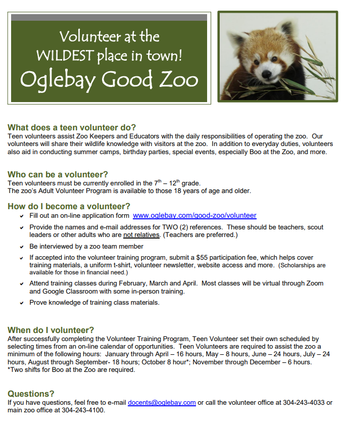RaidersTMS's tweet photo. There's a great opportunity for students in grades 7-12 at the Oglebay Good Zoo!!! Check out the details!!
#experienceTHEPARK
#TogetherWeAchieve https://t.co/jwL44ssaDi