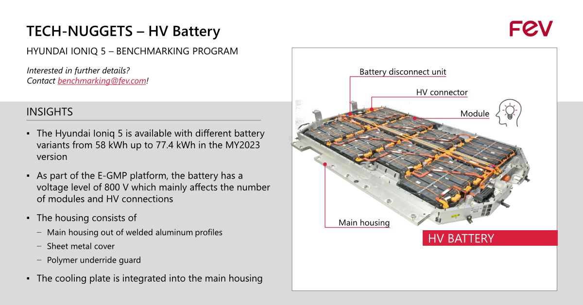 FEV Group (@fev_europe_gmbh) on Twitter photo TECH-NUGGET: Hyundai developed a featuring 800 V technology. The HV #battery sits under the #vehicle in a skateboard-like modular approach and contains NMC pouch cells stored in modules. Interested in more details? benchmarking@fev.com
#fev #benchmarking #hyundai #IONIQ5 TECH-NUGGET: Hyundai developed a featuring 800 V technology. The HV #battery sits under the #vehicle in a skateboard-like modular approach and contains NMC pouch cells stored in modules. Interested in more details? benchmarking@fev.com
#fev #benchmarking #hyundai #IONIQ5
