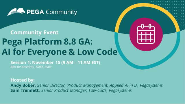 pega_dsk's tweet photo. As part of the new Pega 8.8 GA release, we are organizing two webinars to bring the CLSA Community up to date on the most important updates of our latest Pega release. This first session highlights improvements to the Low Code &amp; AI capabilities. https://t.co/SWjPHA4S0Y https://t.co/HmO2lK8hrd