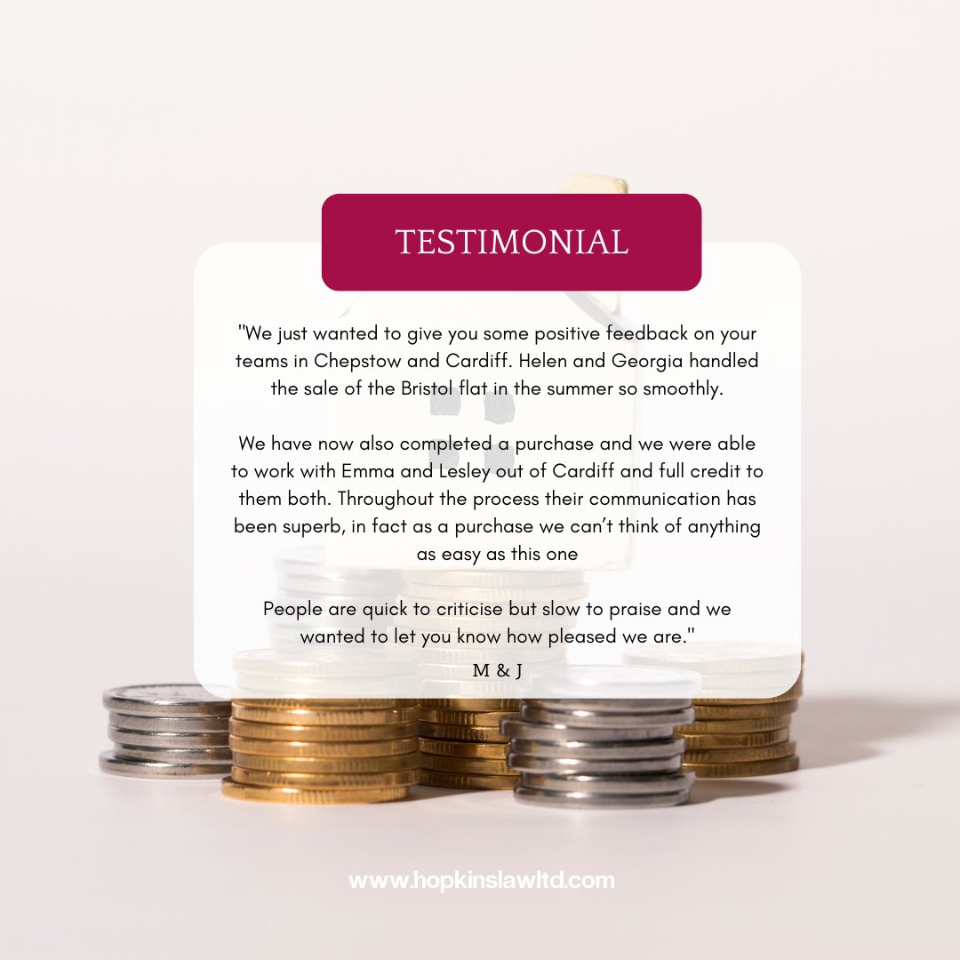HopkinsLawLtd's tweet photo. We are so pleased to have received such brilliant feedback from our clients. Well done to the conveyancing teams in #Cardiff and #Chepstow! ππ½
At Hopkins Law, we ensure that every client receives a seamless experience from start to finish.π
#law #property #helpingyoumoveforward https://t.co/eAcsjX9g9O