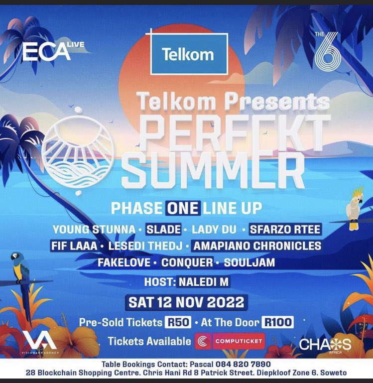 @TelkomZa presents the #Perfekt Summer event at Zone 6 in Soweto this Saturday the 12th of November with the fantastic line up with the likes of @ladydu_sa, <a href="/theboyslade/">Sa Batho</a>, @youngstunna_rsa, @fif_laaa, @lesedithedj, @sfarzo_rtee, &amp; <a href="/souljam_/">SOULJAM_ Official</a>  get your tickets click the link below
