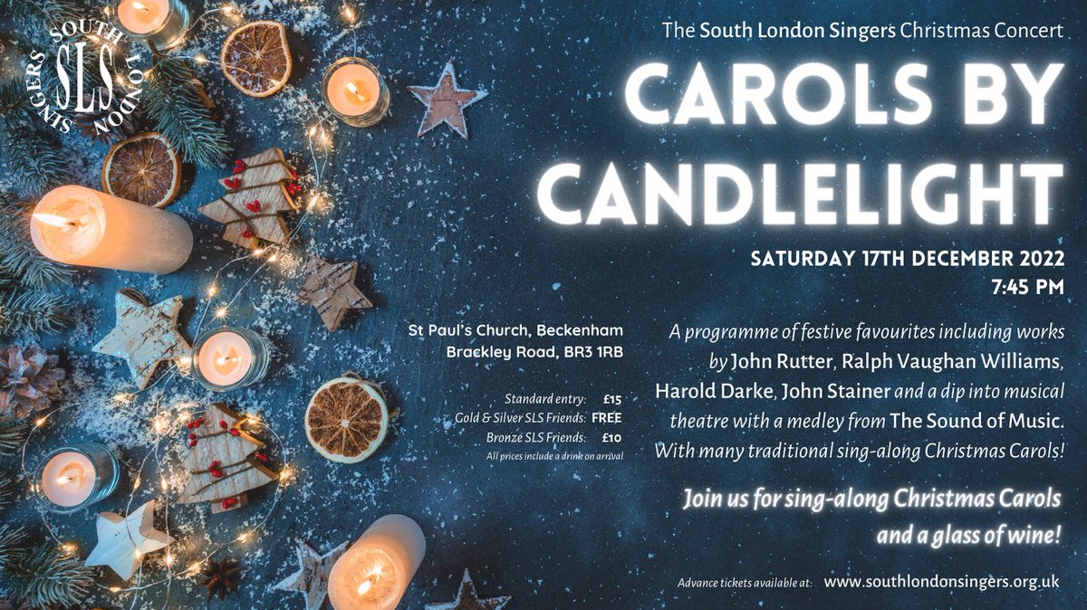 SLS_Beckenham's tweet photo. Join us for Sing-along Carols by Candlelight &amp; other festive favs at our Christmas Concert.

* 17th December, 7.45pm @St Paul's Church, Beckenham
* Tickets £15 inc drink on arrival

#Choirconcert
#Christmas
#Carolsbycandlelight
#Beckenham
#Bromley
#SouthLondon https://t.co/2uu0IUVVFZ