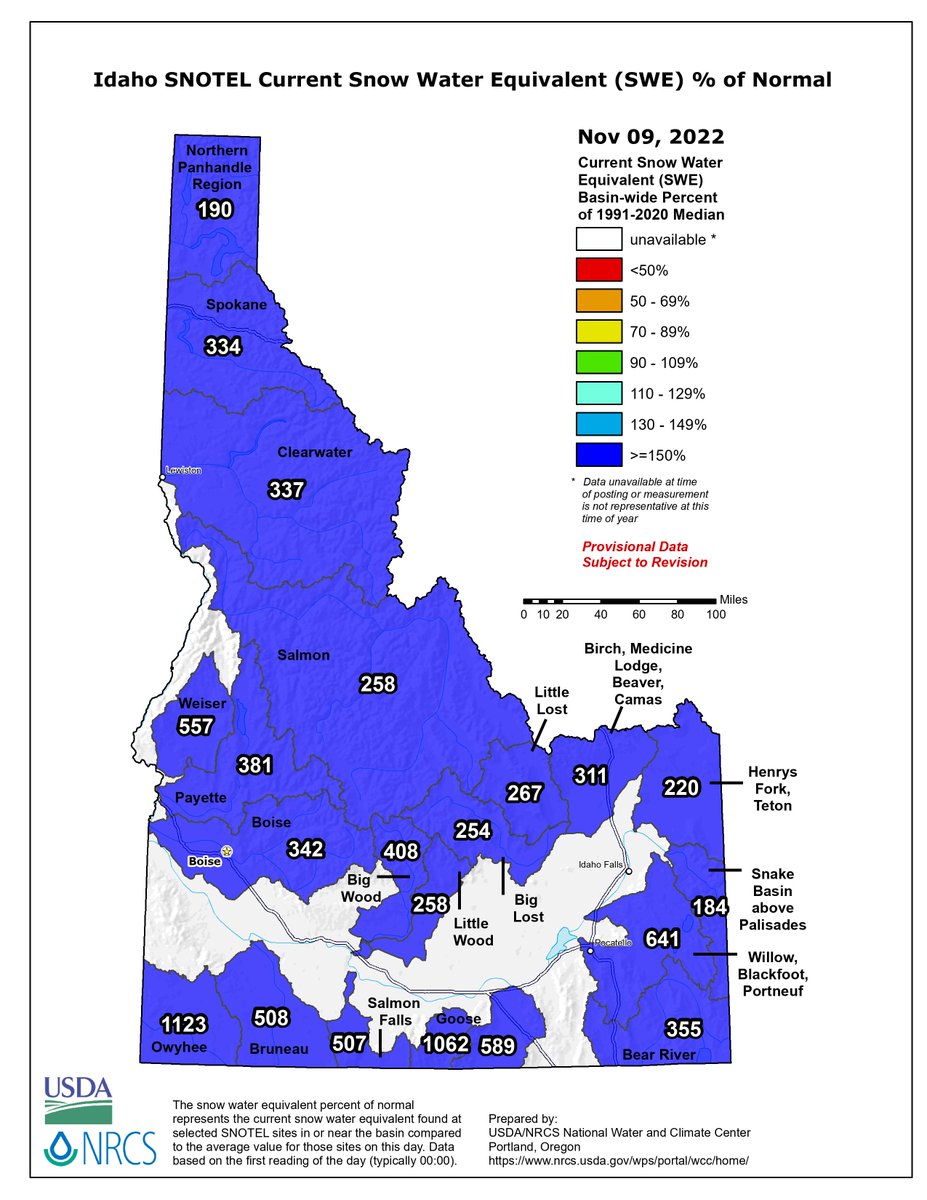 [1/7] Let's talk snow! In case you missed it, we got snow. We're off to a great start this winter season across eastern Idaho with the Upper Snake, Lower Snake, and Bear River basins all currently sitting at the 98th percentile for snow water equivalent. That's impressive. #idwx