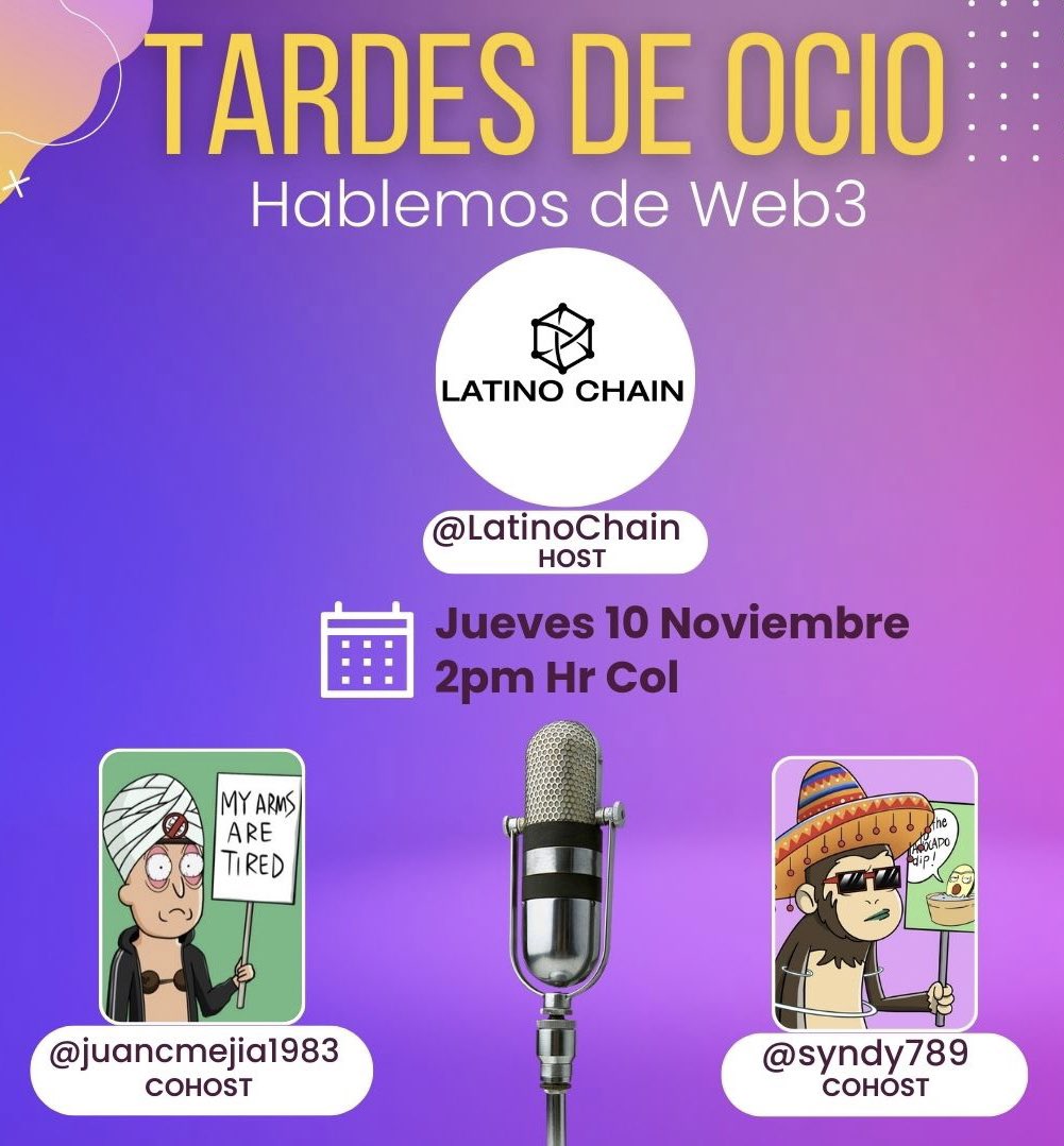 <a href="/LatinoChain/">LatinoChain.eth</a> Invita a su Spaces de Entretenimiento “TARDES DE OCIO”Hablemos de #Web3 con nuestros  Cohost <a href="/juancmejia1983/">𝕏JUAN19</a> y <a href="/syndy789/">syndy (V1P$)</a>   

Programa tu Recordatorio aquí 👇🏼

x.com/i/spaces/1gqxv…